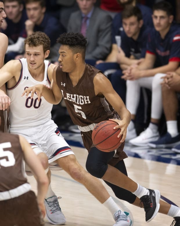 Nov 23, 2019; Moraga, CA, USA; Lehigh Mountain Hawks guard Evan Taylor (5) dribbles the ball as guard Jordan Cohen (11) sets a pick against Saint Mary s Gaels guard Tanner Krebs (00) during the first half at McKeon Pavilion. Mandatory Credit: D. Ross Cameron-USA TODAY Sports